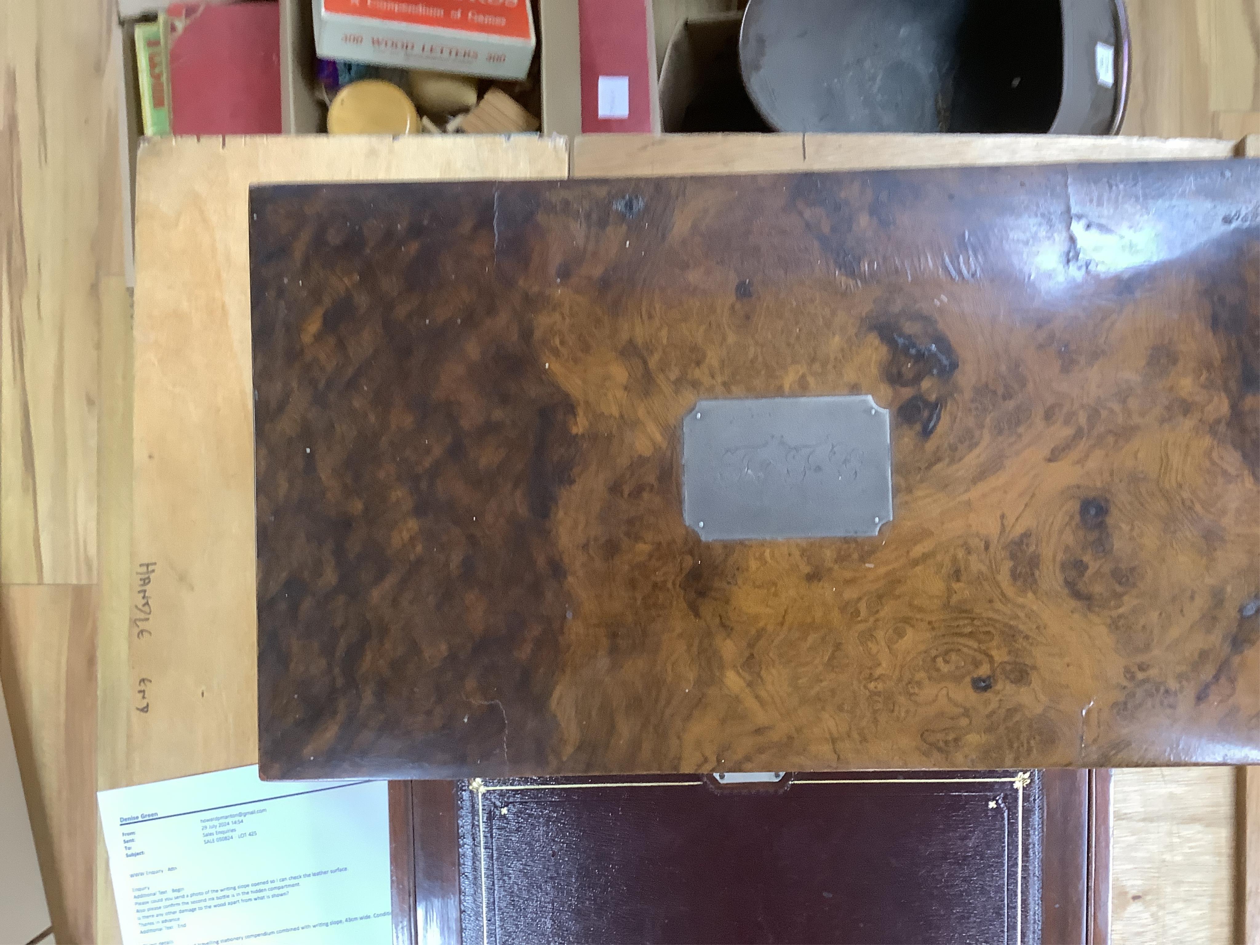 A Victorian burr walnut travelling stationery compendium combined with writing slope, 43cm wide. Condition - fair